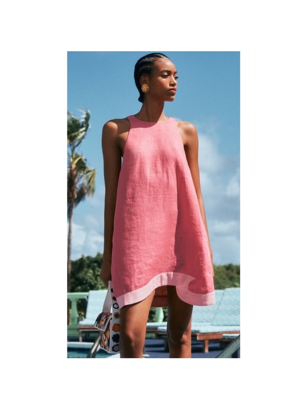 STAUD Pink Contrast-Hem Linen Mini Dress